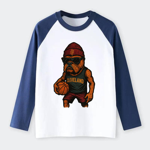 Cleveland Bulldog wearing Cavaliers wine and gold beanie with sword - Raglan Long Sleeve T-Shirt