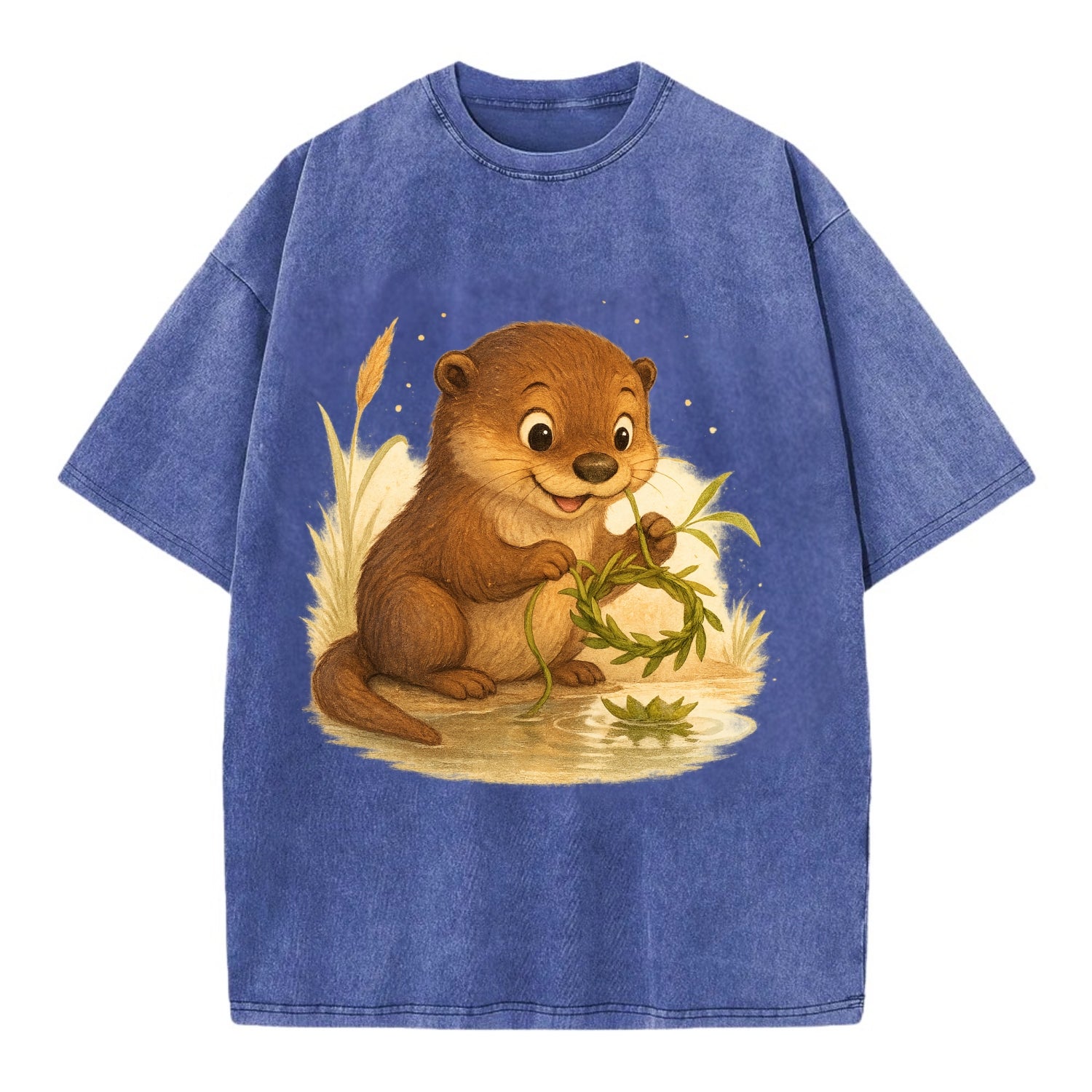 Otter weaving river reeds into a floating crown beside mirror-still water - Vintage T-shirt - Blue