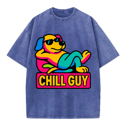 Super relaxed dog character lounging unbothered - "Chill Guy" meme energy, laid - Vintage T-shirt - Blue
