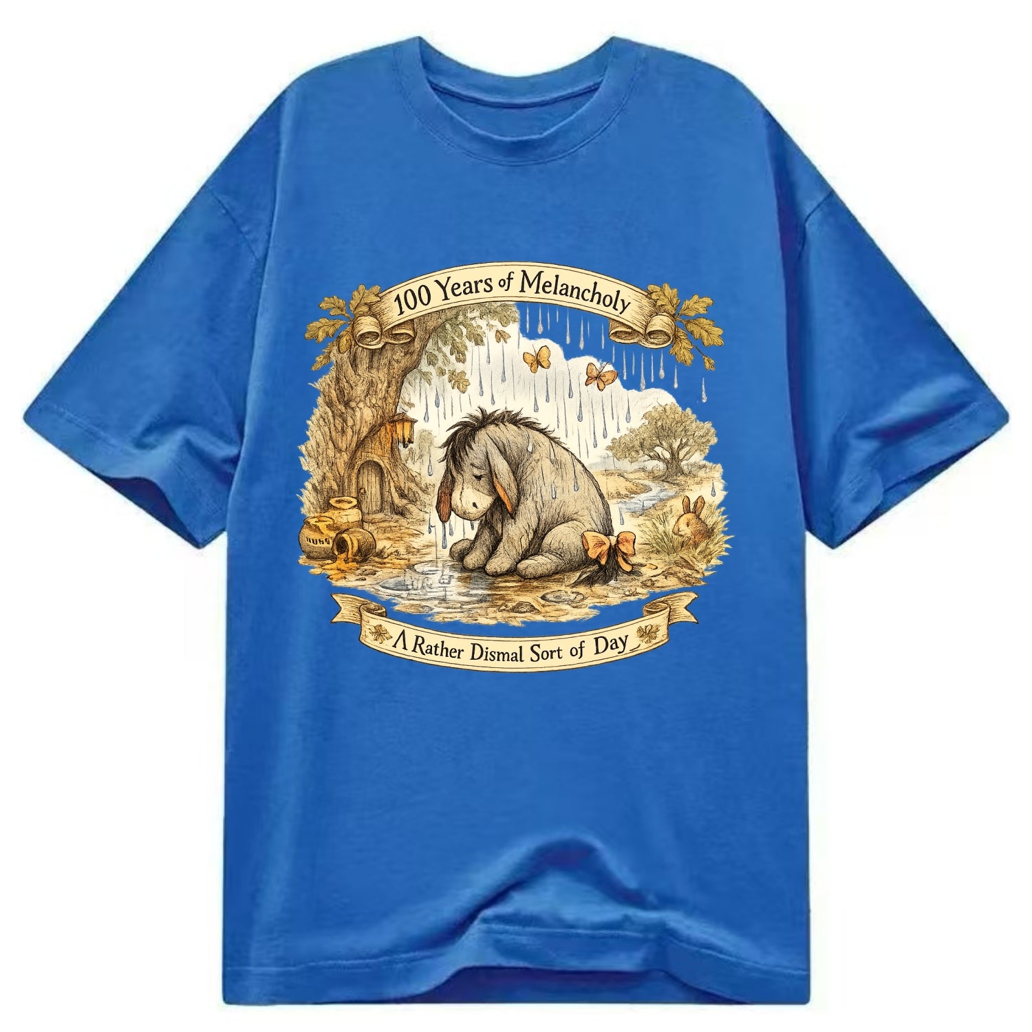 GLOOMY GLEN | Droopy figure in rain | Tattered tail bow | Pessimistic poetry | - Classic T-shirt - Blue