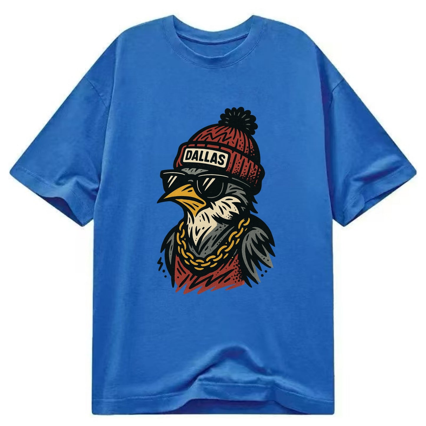 Dallas Mockingbird wearing Dallas beanie with pom pom and wayfarer sunglasses - Classic T-shirt - Blue