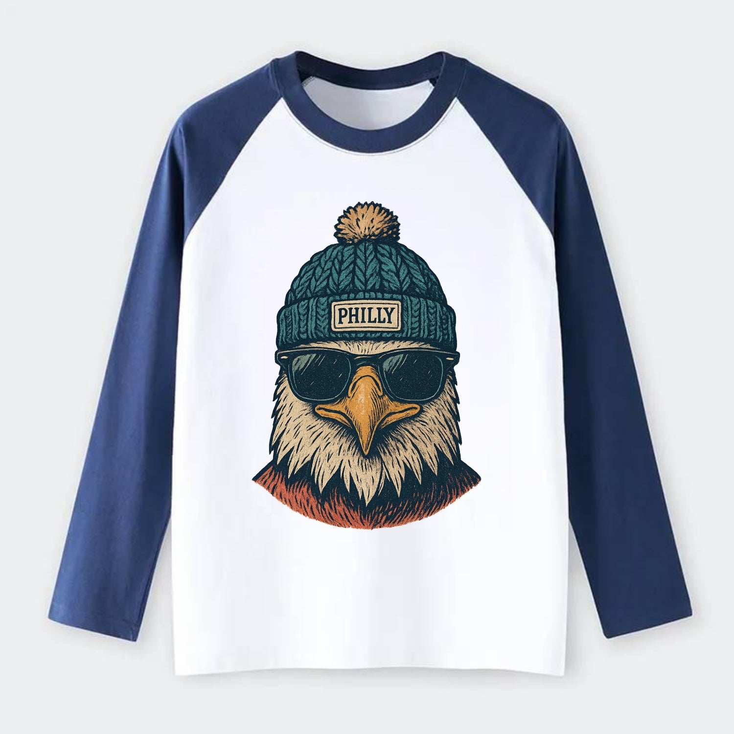 Philadelphia Eagle wearing Philly beanie with pom pom and wayfarer - Raglan Long Sleeve T-Shirt - Blue