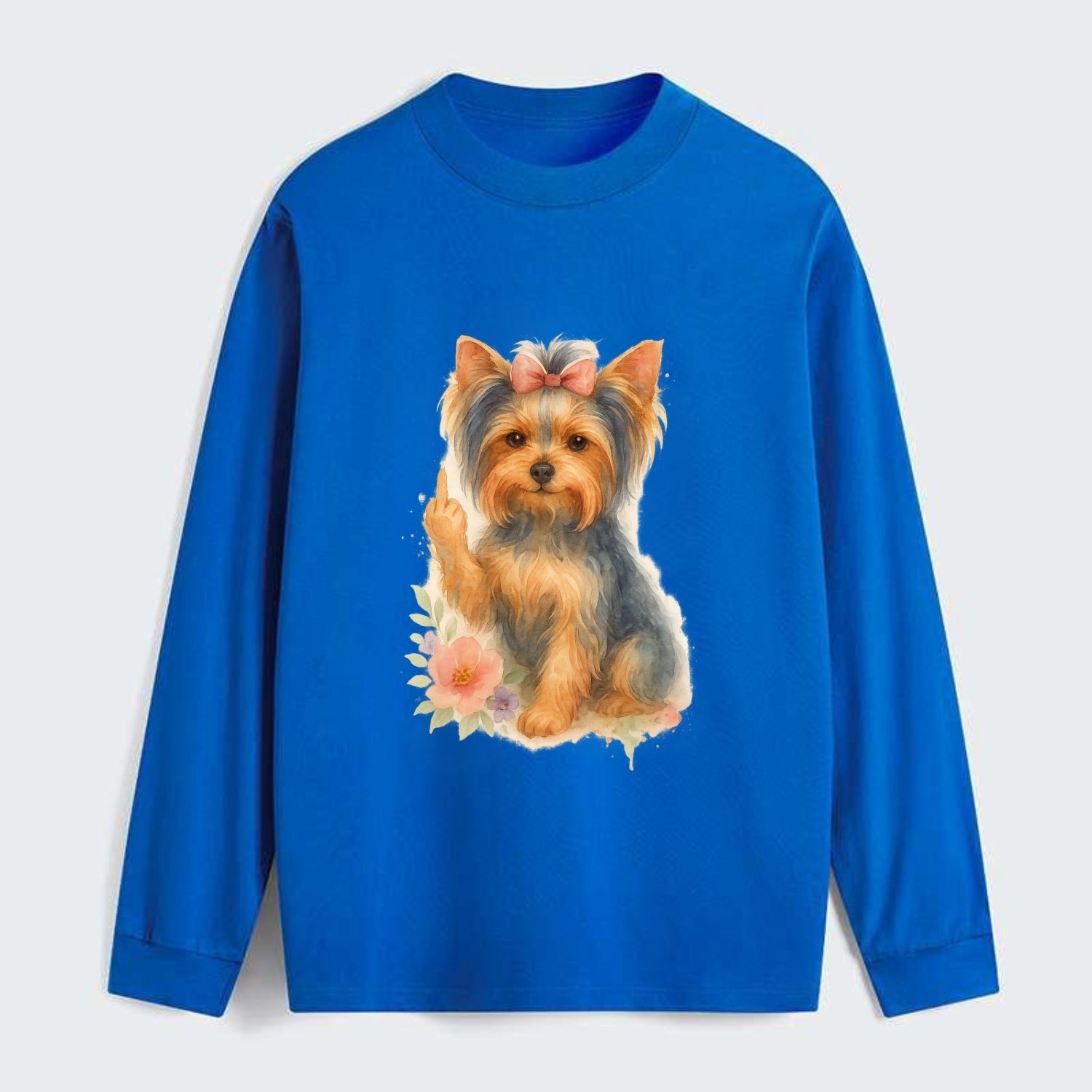 Yorkshire Terrier with topknot bow, one delicate paw flipping off - Classic Long Sleeve Shirt - Blue
