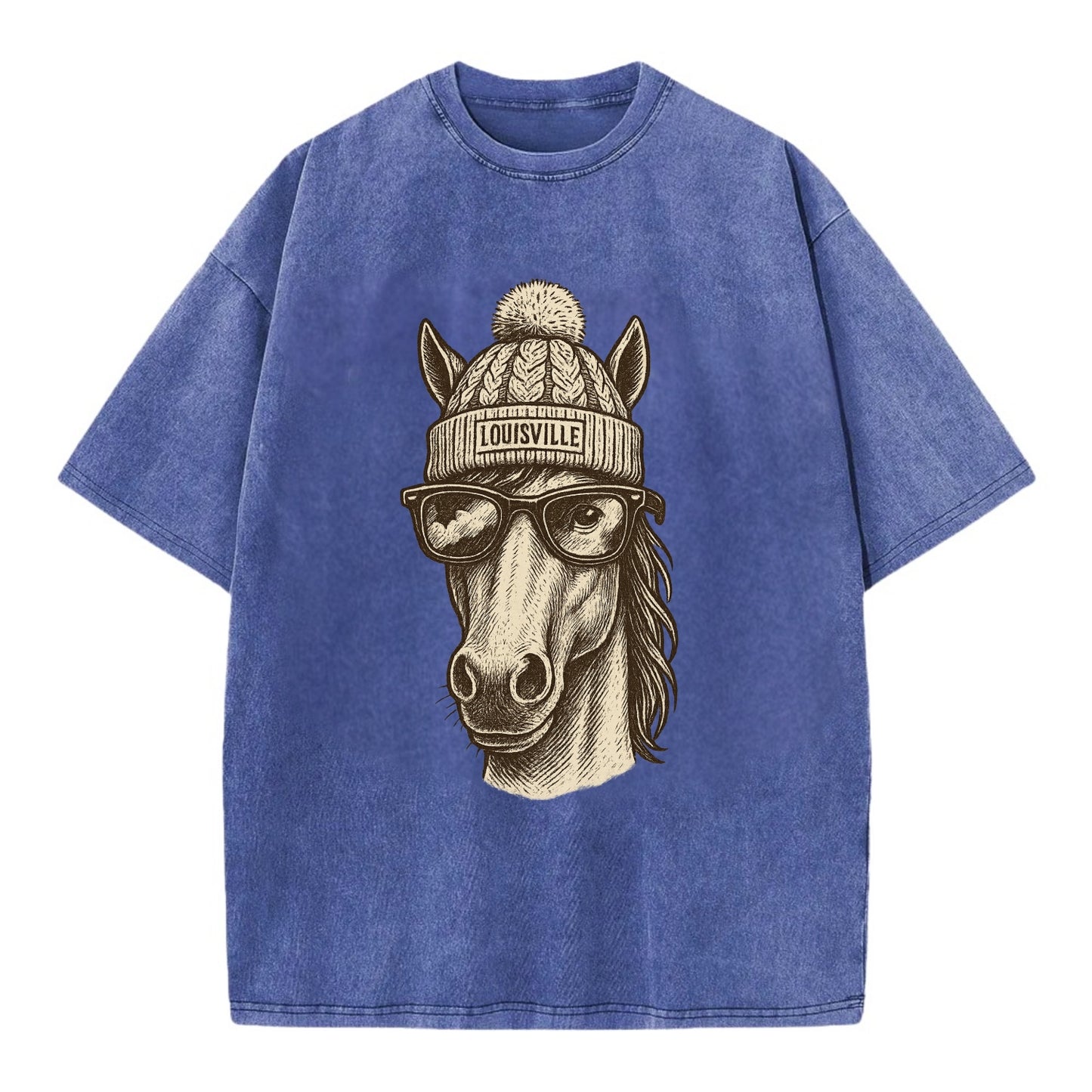 Kentucky Thoroughbred Horse wearing Louisville beanie with pom pom and wayfarer - Vintage T-shirt - Blue