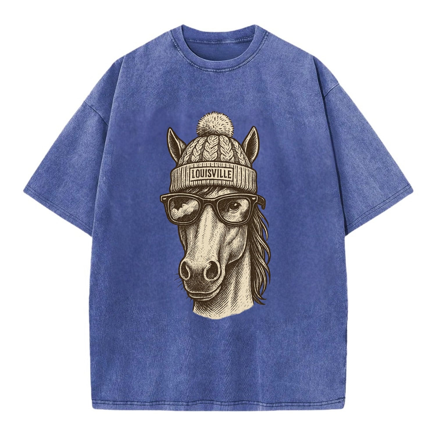 Kentucky Thoroughbred Horse wearing Louisville beanie with pom pom and wayfarer - Vintage T-shirt - Blue