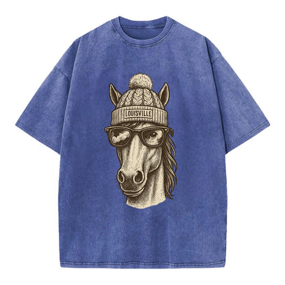Kentucky Thoroughbred Horse wearing Louisville beanie with pom pom and wayfarer - Vintage T-shirt - Blue