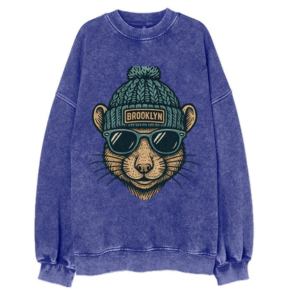 NYC Rat wearing Brooklyn beanie with pom pom and wayfarer sunglasses - Vintage Sweatshirt - Blue
