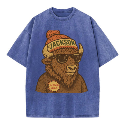 Jackson Hole Bison wearing Jackson beanie with pom pom and wayfarer sunglasses - Vintage T-shirt - Blue