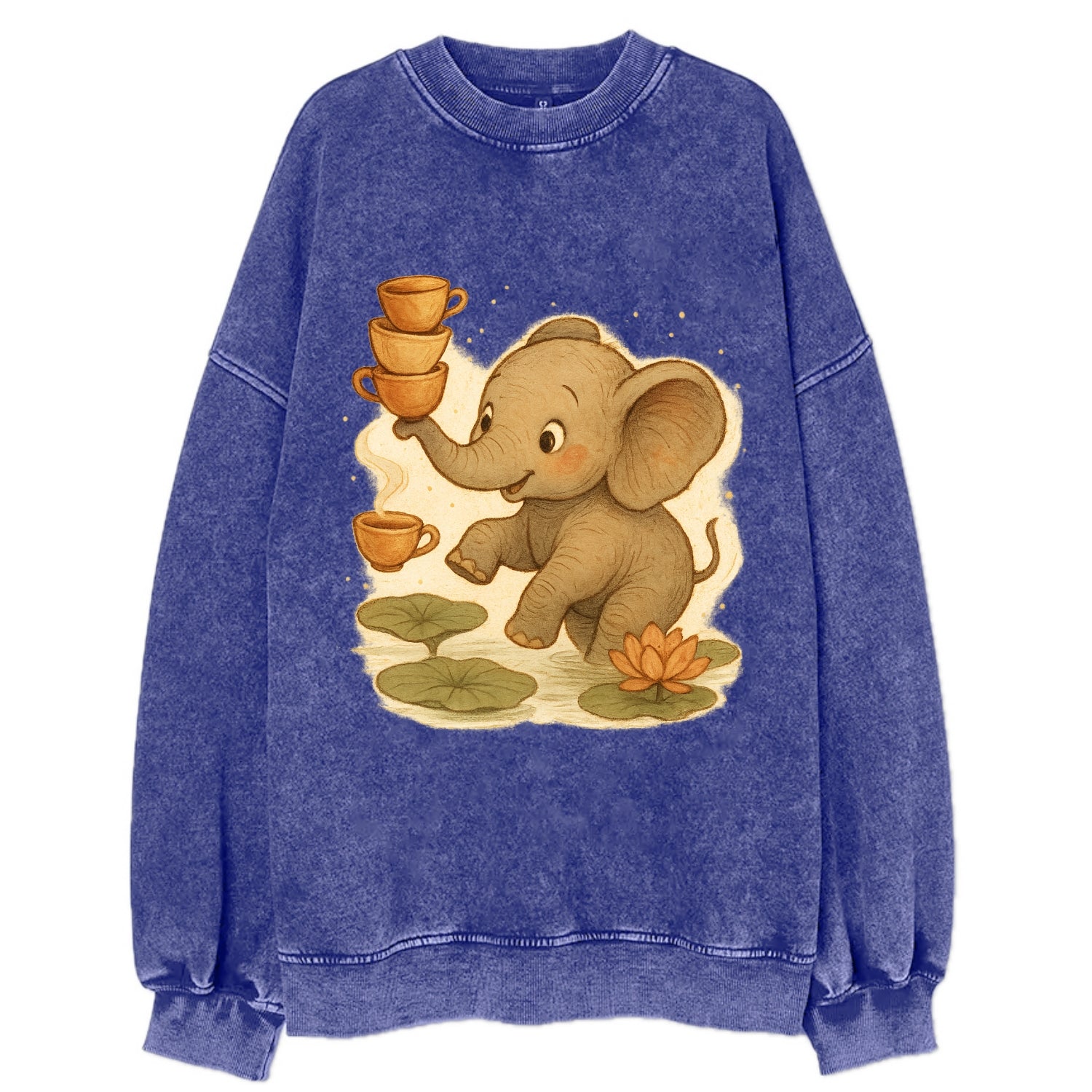 Elephant balancing teacups during a floating tea ceremony beside lotus ponds - Vintage Sweatshirt - Blue