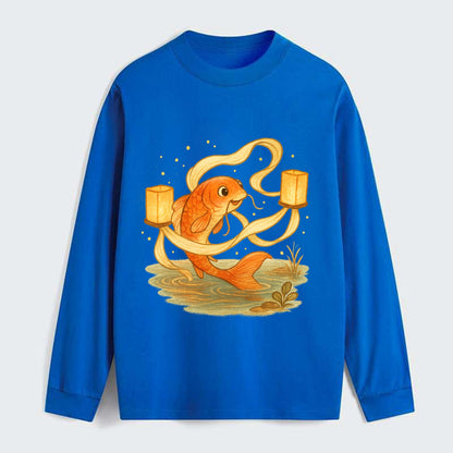 Koi weaving silk streamers through floating lanterns on tranquil water - Classic Long Sleeve Shirt - Blue
