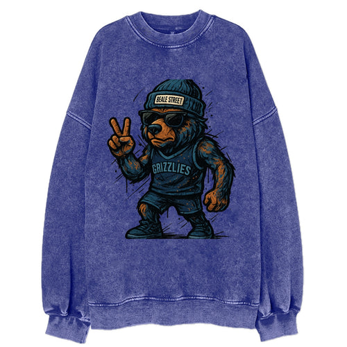 Memphis Grizzly Bear wearing Grizzlies navy and light blue beanie with Beale - Vintage Sweatshirt