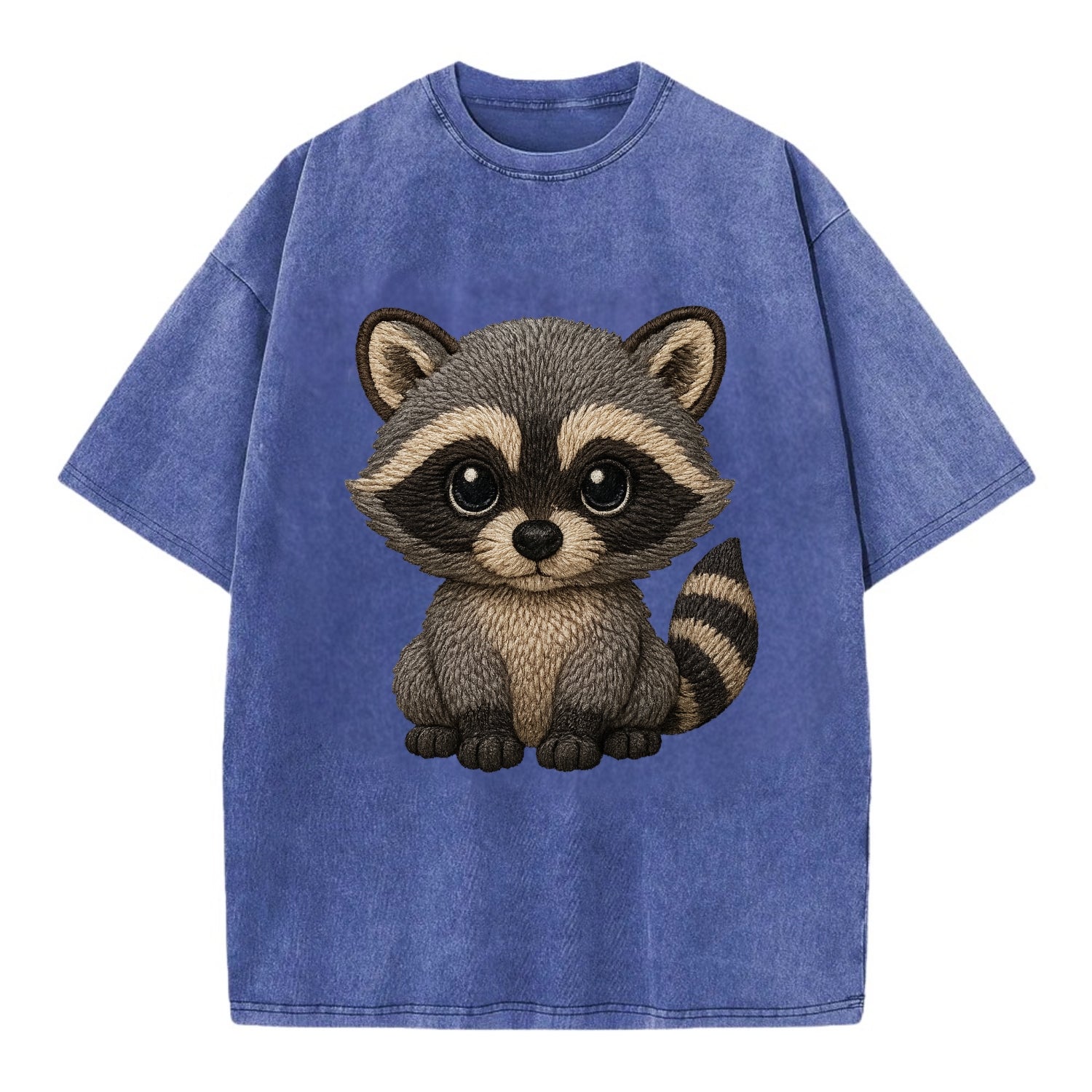 Baby Raccoon - gray fur, black mask, ringed tail, bright curious eyes, - Vintage T-shirt - Blue
