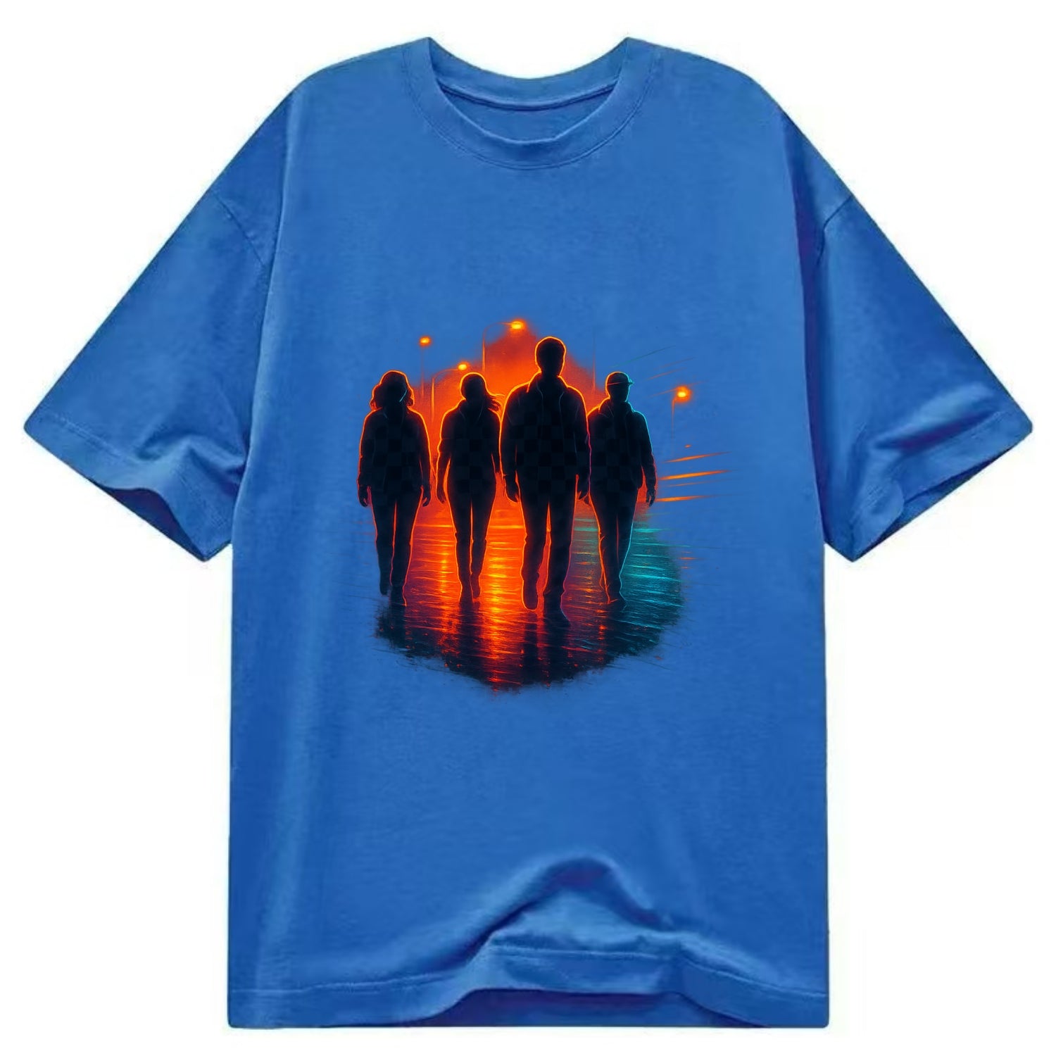gang of silhouettes walking together at sunset by the beach - Classic T-shirt - Blue