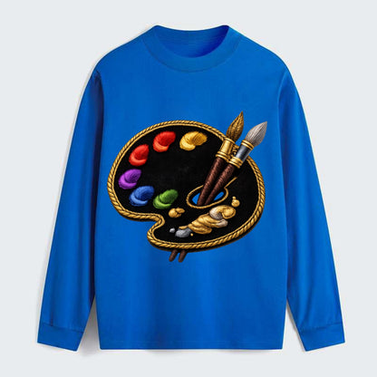 PAINT PALETTE - artist palette with brushes in rainbow and brown , - Classic Long Sleeve Shirt - Blue