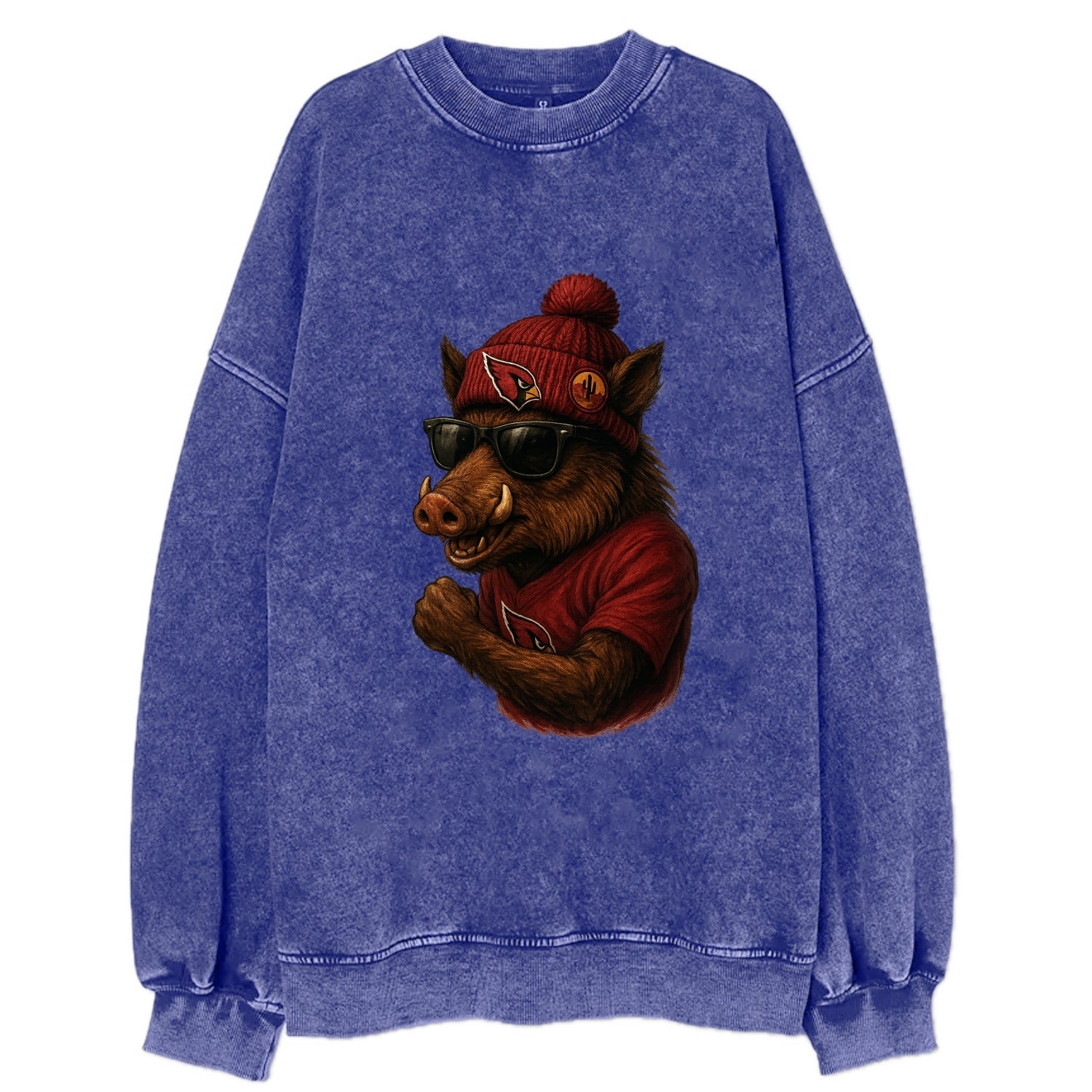 Arizona Javelina wearing Cardinals beanie with desert patch and wayfarer - Vintage Sweatshirt - Blue