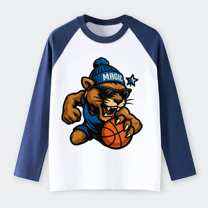 Florida Panther wearing Magic beanie with star wand patch and wayfarer - Raglan Long Sleeve T-Shirt - Blue