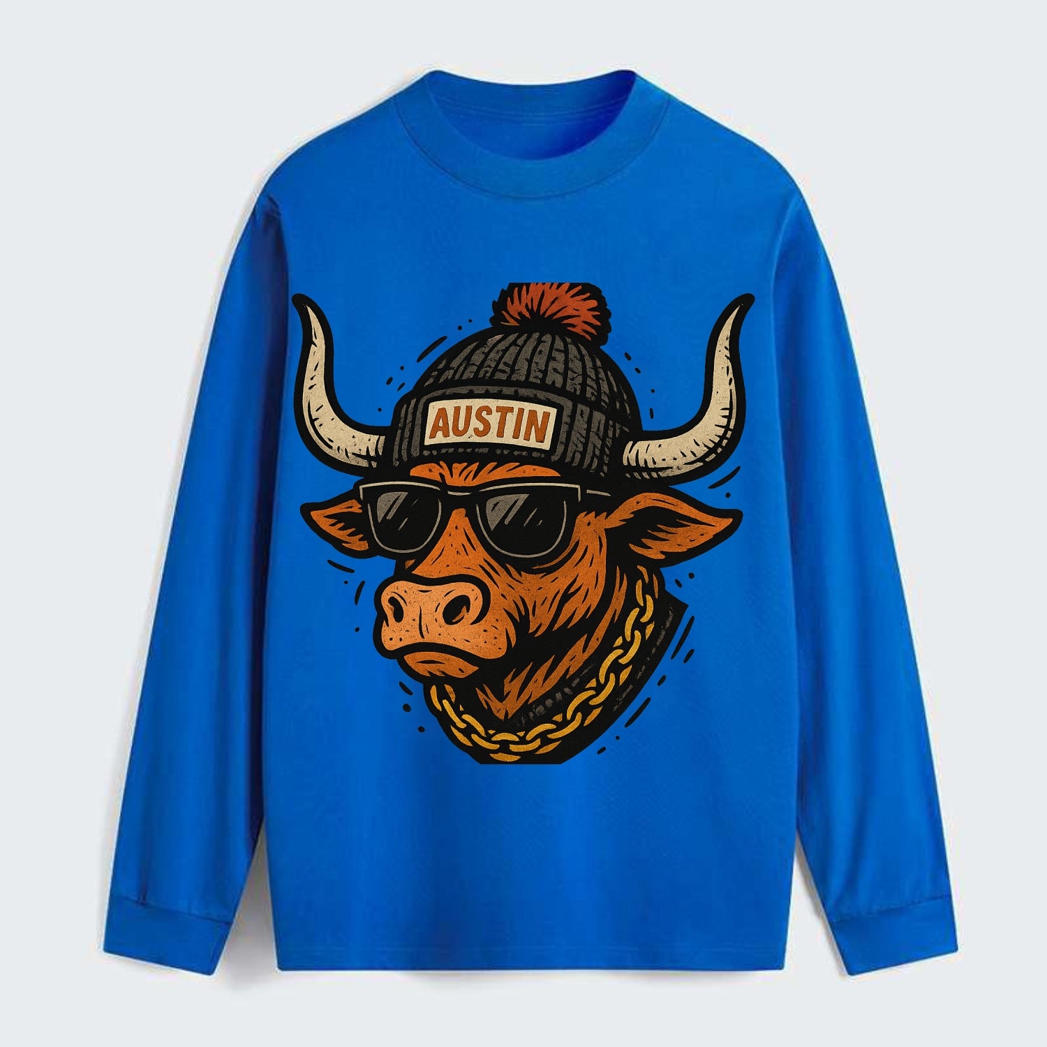 Texas Longhorn wearing Austin beanie with pom pom and wayfarer - Classic Long Sleeve Shirt - Blue