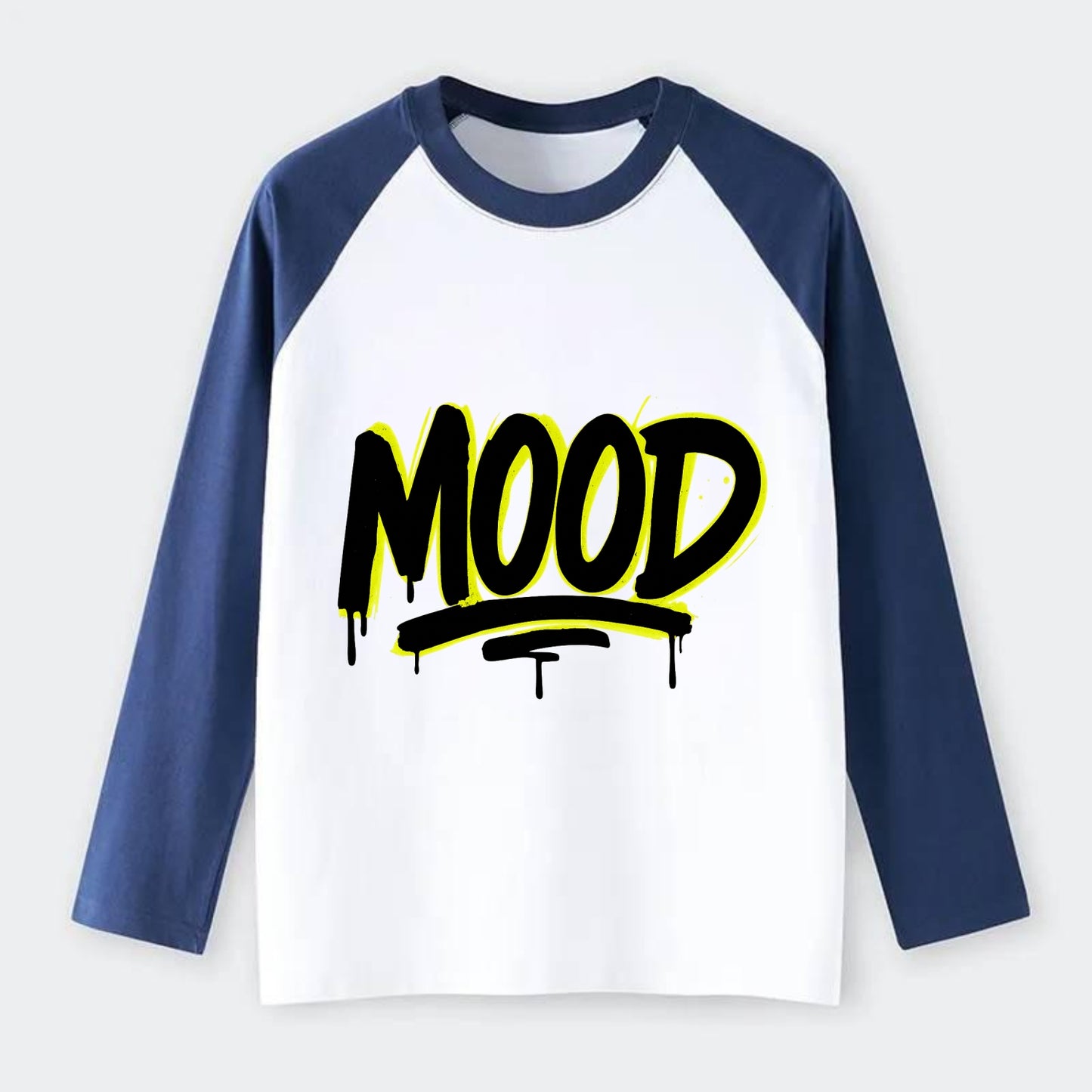 Bold typography design - "MOOD" - current state, feeling it - Raglan Long Sleeve T-Shirt - Blue