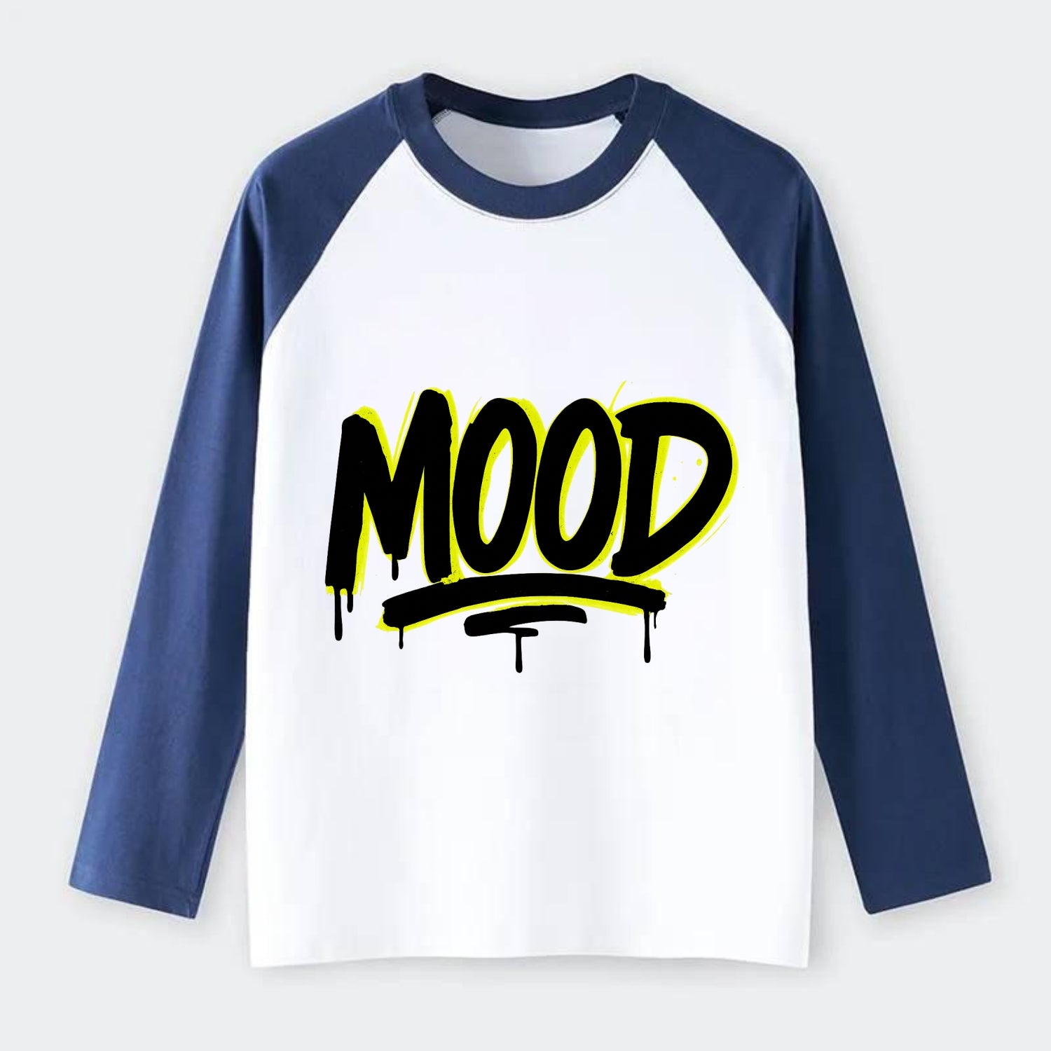 Bold typography design - "MOOD" - current state, feeling it - Raglan Long Sleeve T-Shirt - Blue