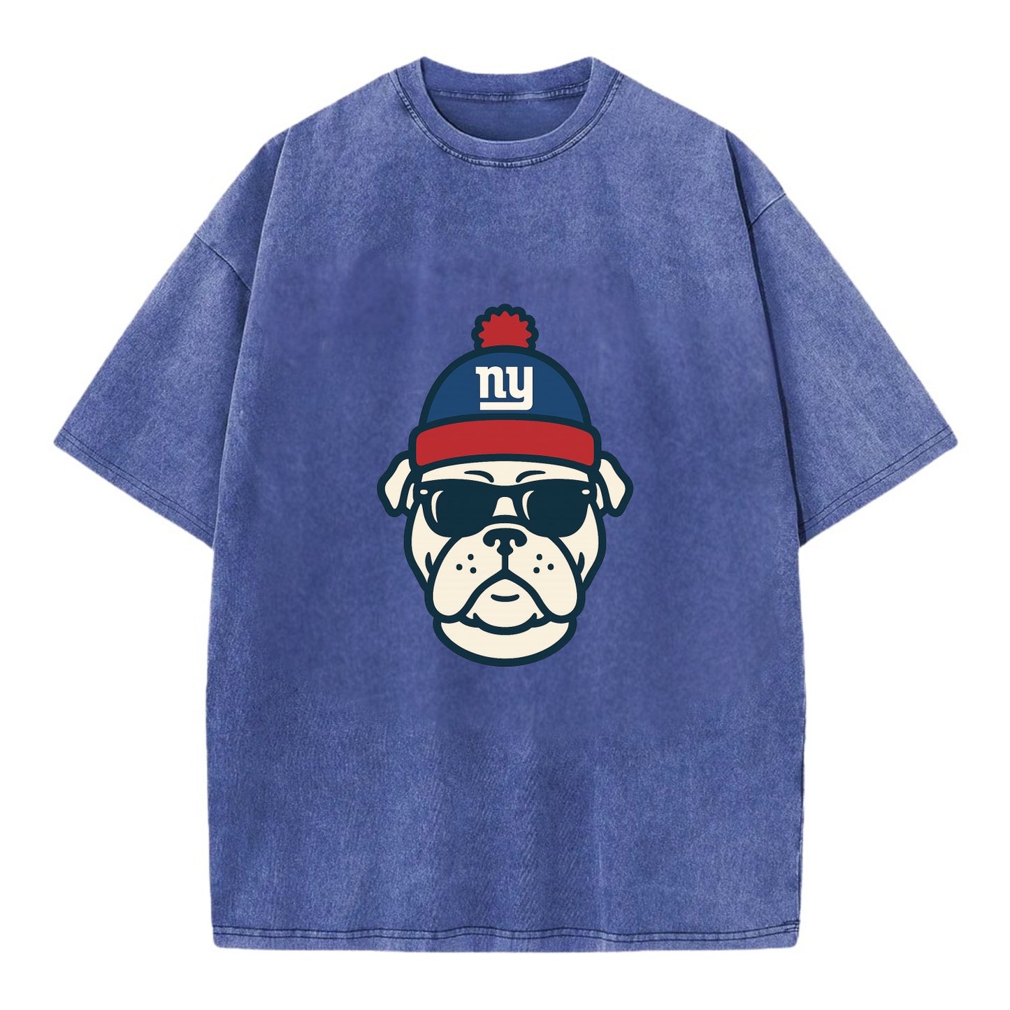 New York Bulldog wearing Giants blue and red beanie with pom pom and wayfarer - Vintage T-shirt - Blue