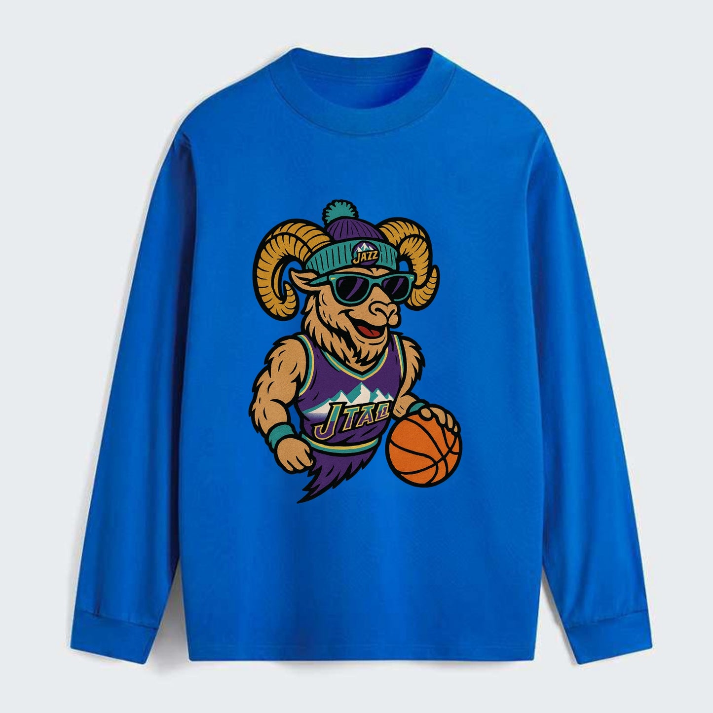 Utah Bighorn wearing Jazz beanie with mountain melody patch and - Classic Long Sleeve Shirt - Blue