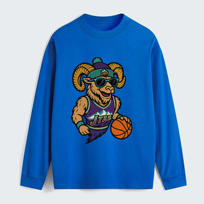 Utah Bighorn wearing Jazz beanie with mountain melody patch and - Classic Long Sleeve Shirt - Blue