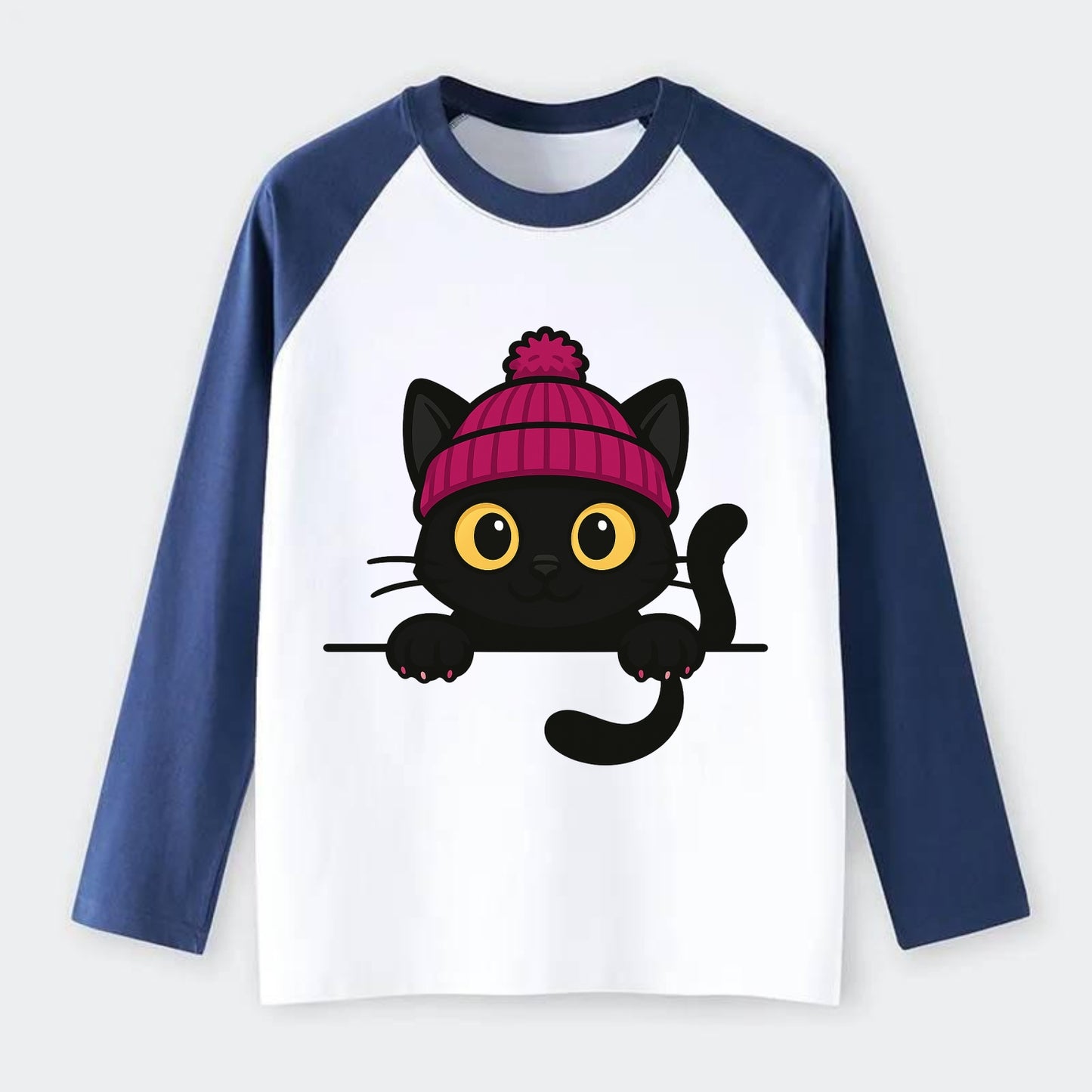 Midnight the black cat holding a tiny book labeled secrets against the - Raglan Long Sleeve T-Shirt - Blue
