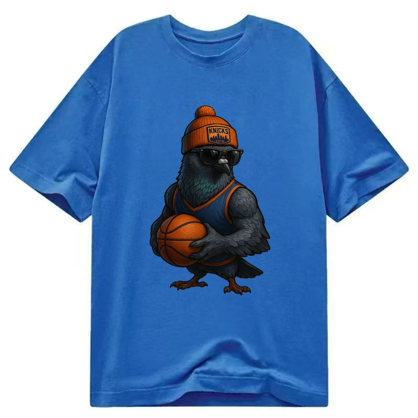 Manhattan Pigeon wearing Knicks beanie with skyline patch and wayfarer sunglasses - Classic T-shirt - Blue