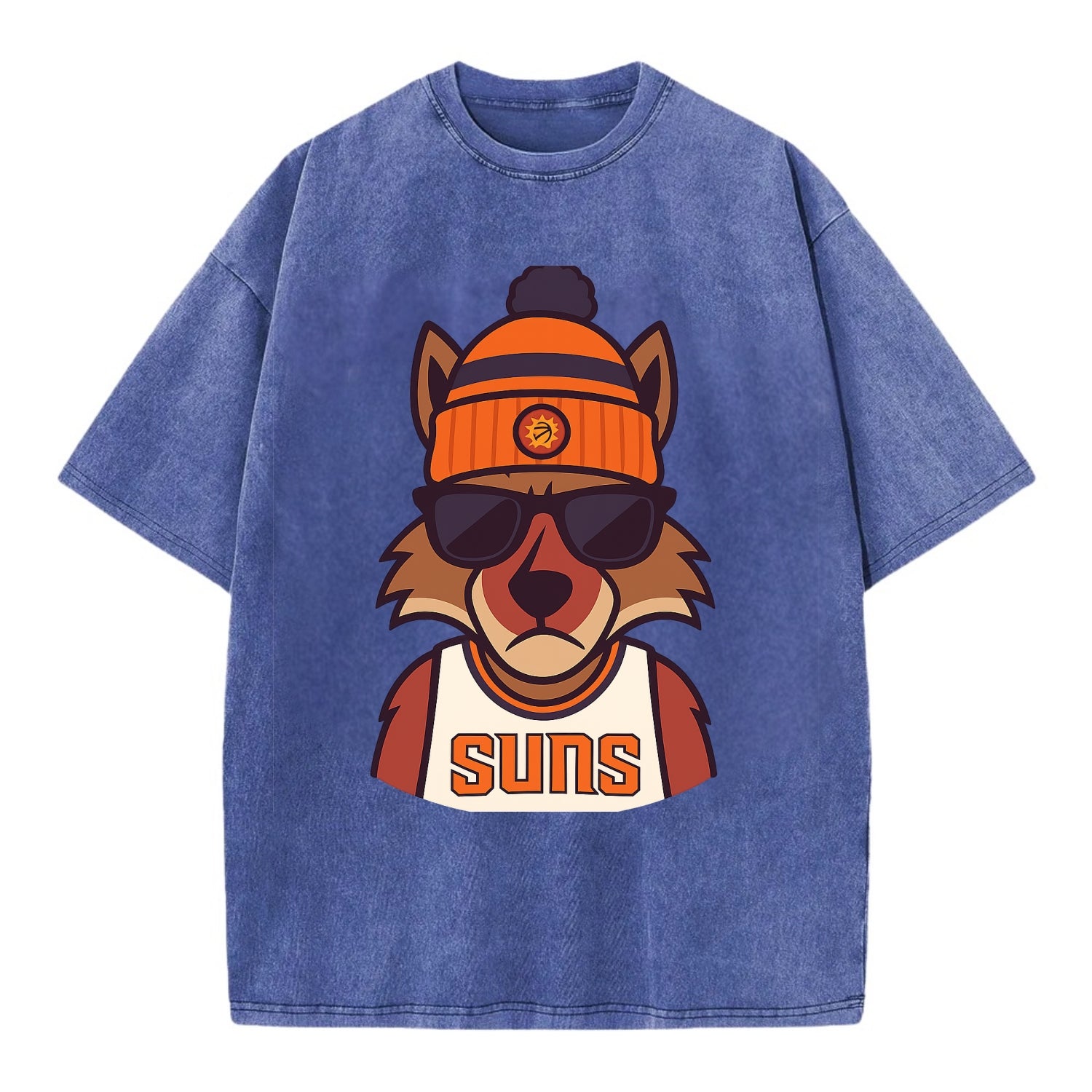 Arizona Coyote wearing Suns beanie with desert sun patch and wayfarer sunglasses - Vintage T-shirt - Blue