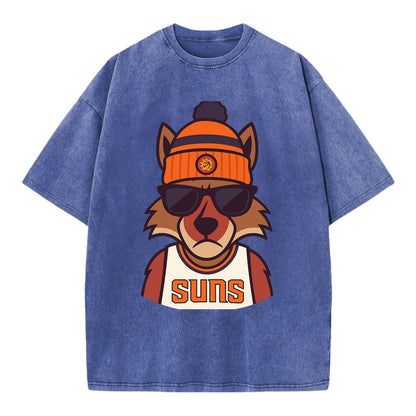 Arizona Coyote wearing Suns beanie with desert sun patch and wayfarer sunglasses - Vintage T-shirt - Blue