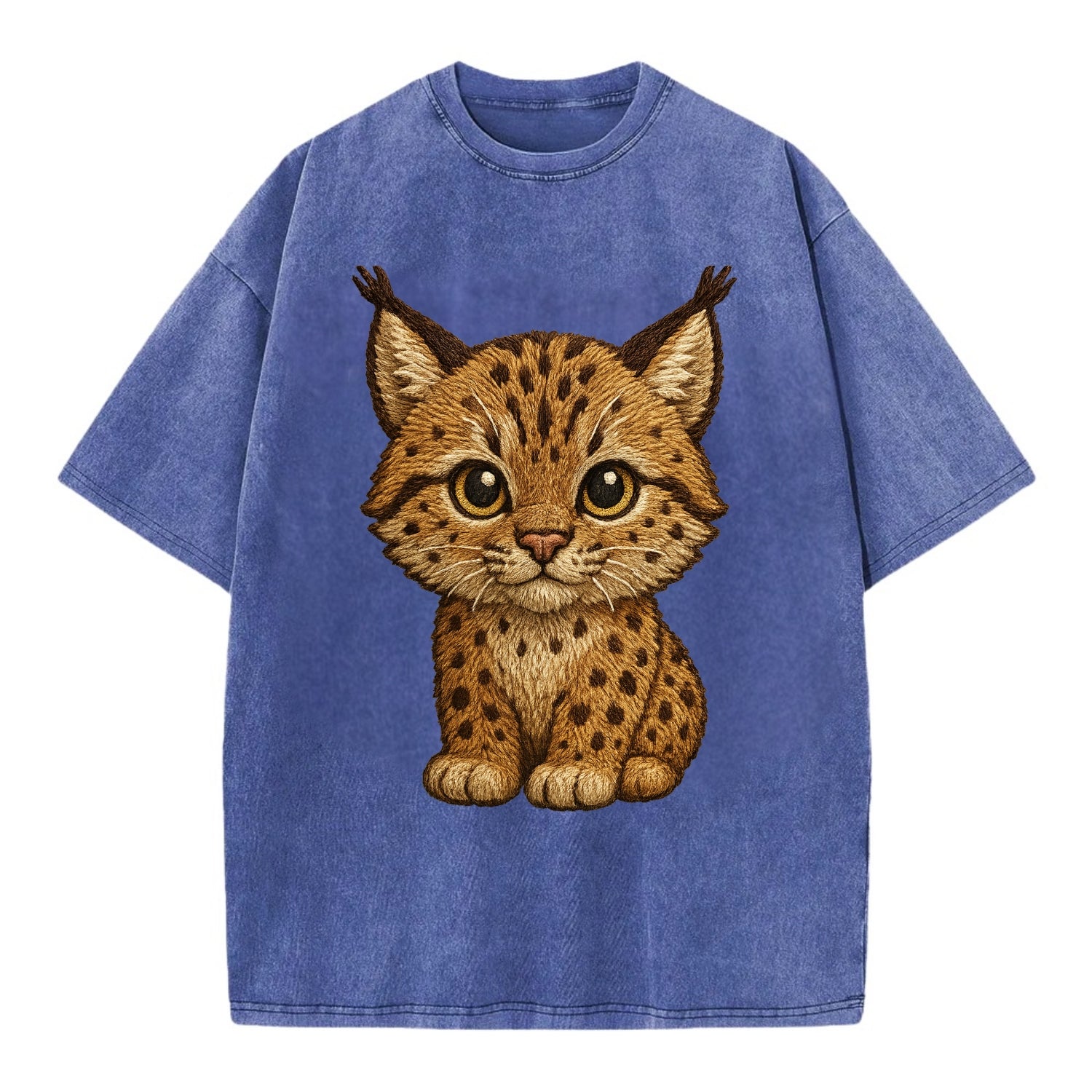 Baby Lynx Cub - tufted ears, spotted fur, golden eyes, front-facing, wild baby - Vintage T-shirt - Blue