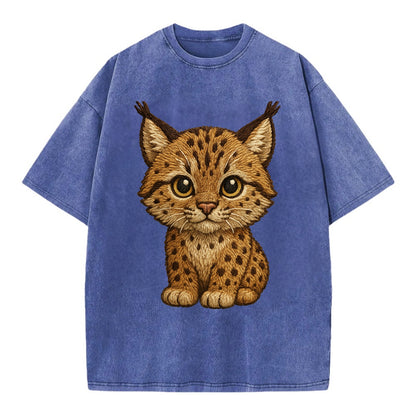Baby Lynx Cub - tufted ears, spotted fur, golden eyes, front-facing, wild baby - Vintage T-shirt - Blue