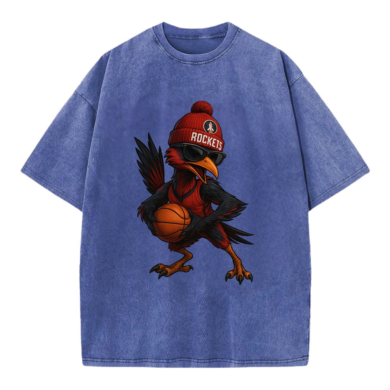 Houston Roadrunner wearing Rockets beanie with launch pad patch and wayfarer - Vintage T-shirt - Blue