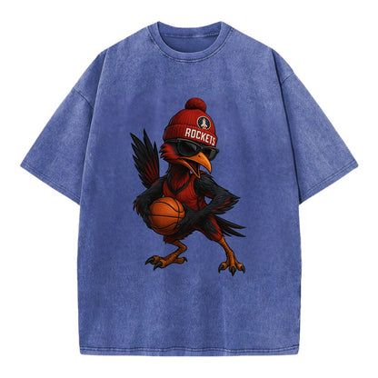 Houston Roadrunner wearing Rockets beanie with launch pad patch and wayfarer - Vintage T-shirt - Blue