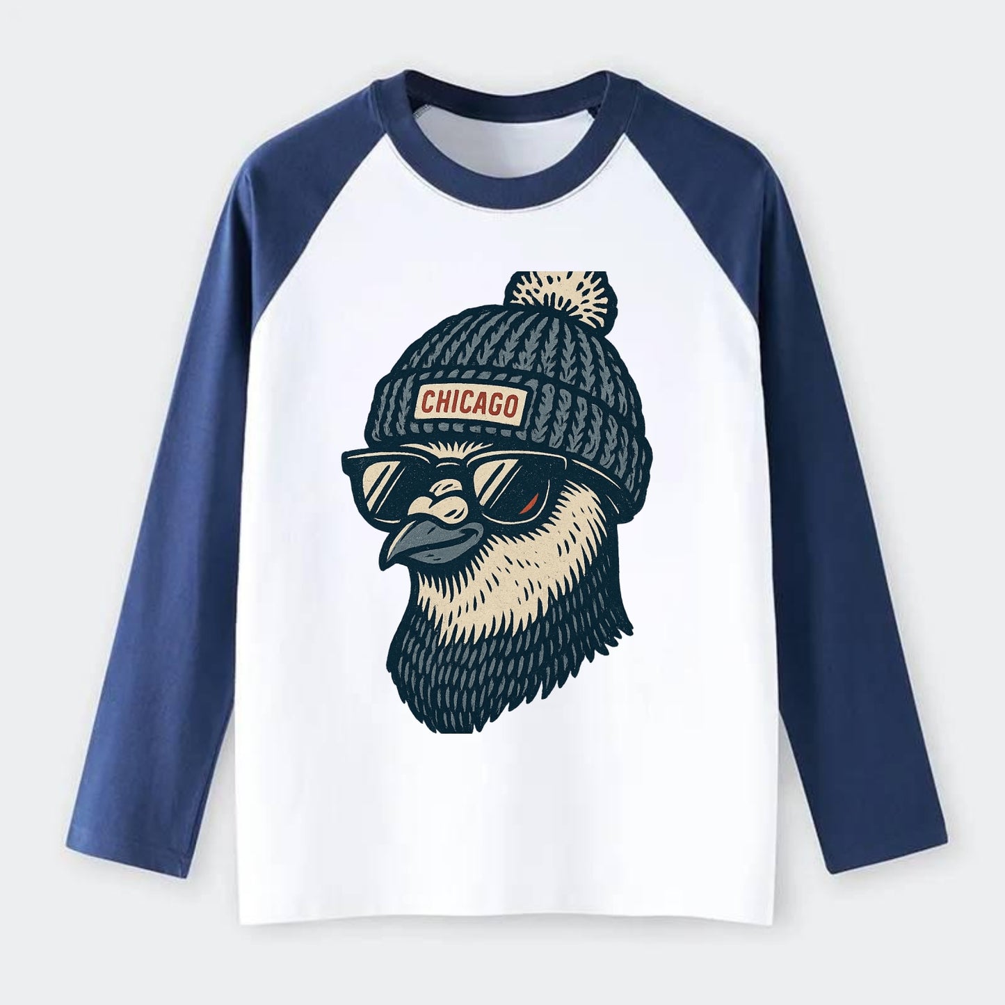 Chicago Pigeon wearing Chicago beanie with pom pom and wayfarer - Raglan Long Sleeve T-Shirt - Blue