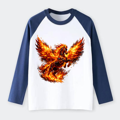 PHOENIX FIRE HORSE | Horse emerging from flames like phoenix | Rebirth - Raglan Long Sleeve T-Shirt - Blue