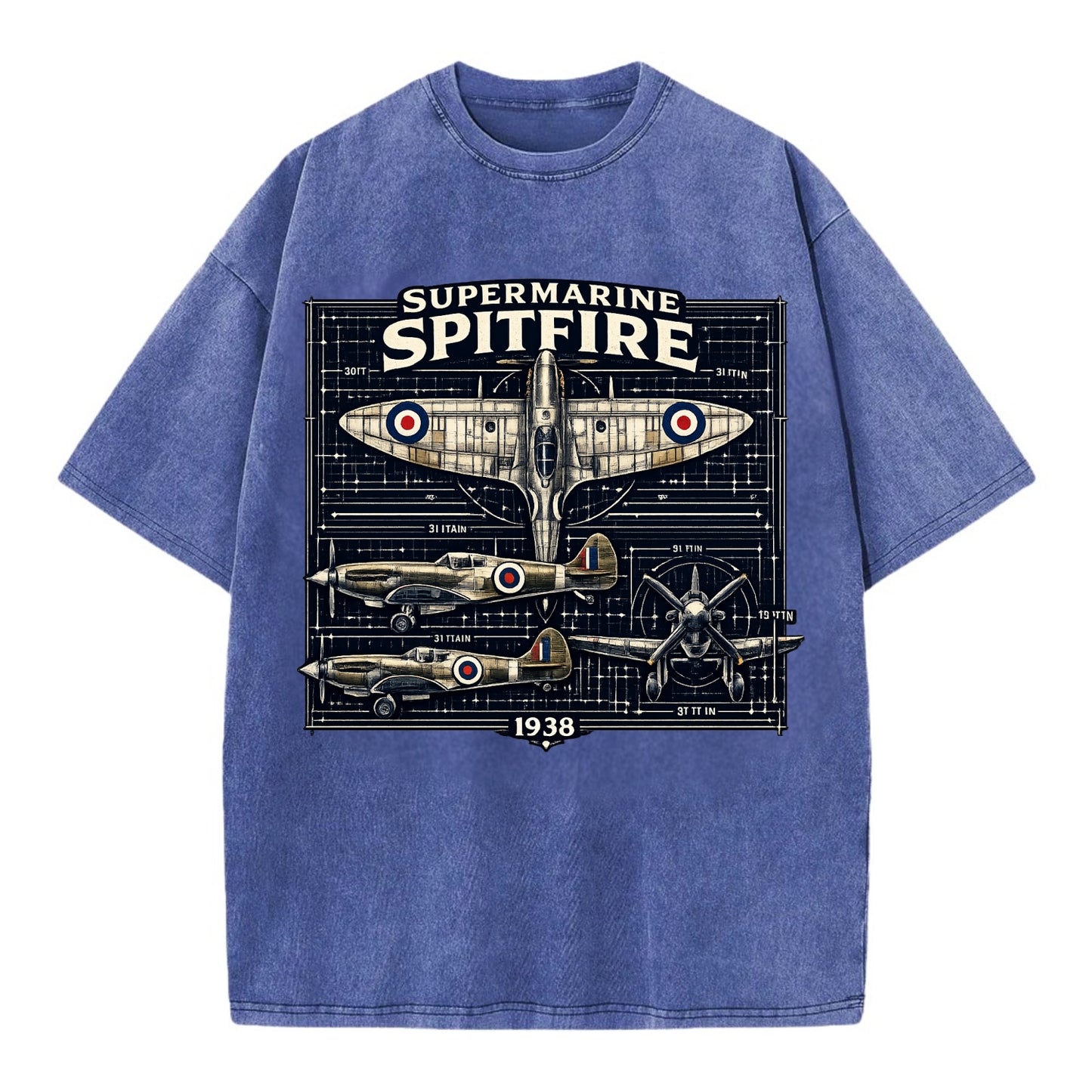 Spitfire Blueprint - Vintage T-shirt - Blue