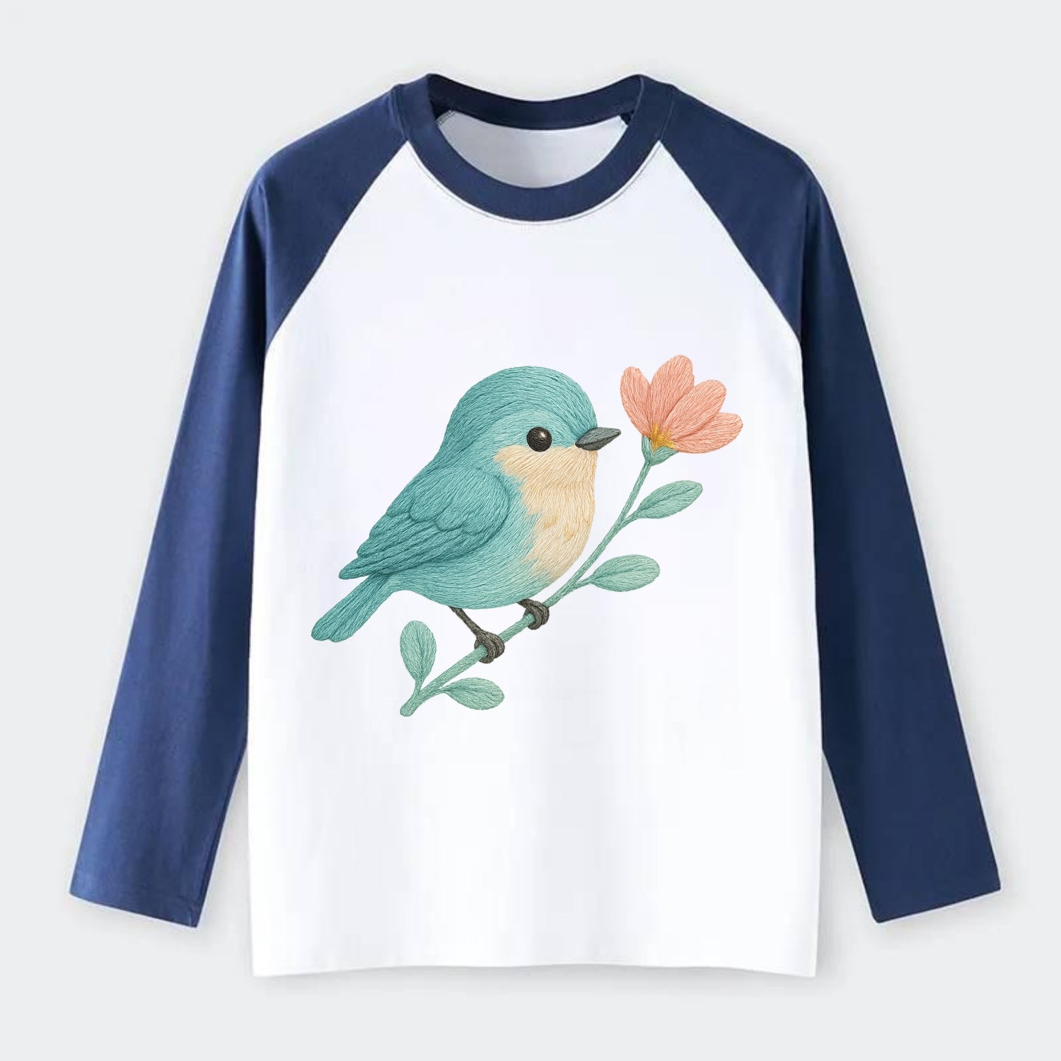 Aqua Chickadee - Raglan Long Sleeve T-Shirt - Blue