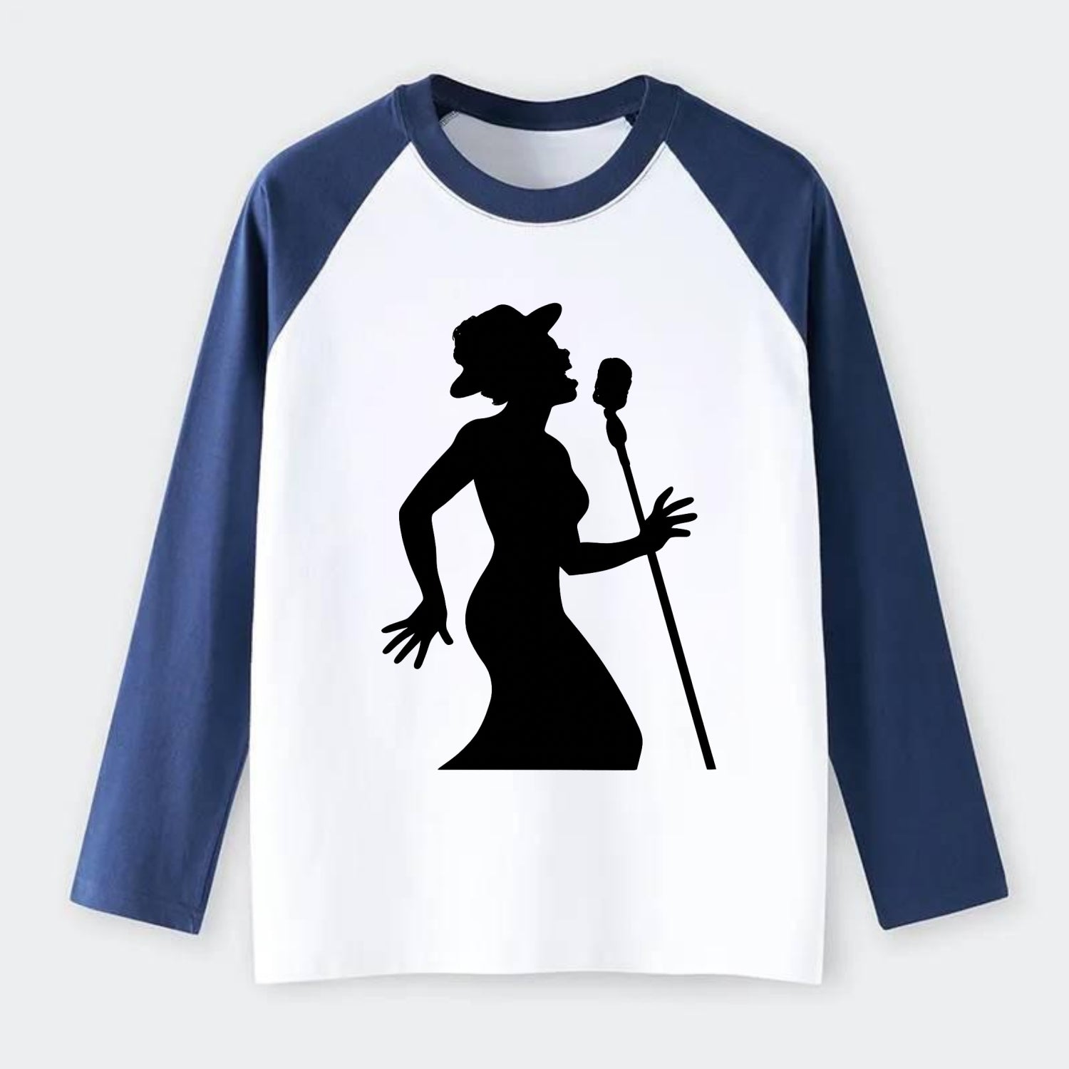 Jazz singer at vintage microphone - Raglan Long Sleeve T-Shirt - Blue