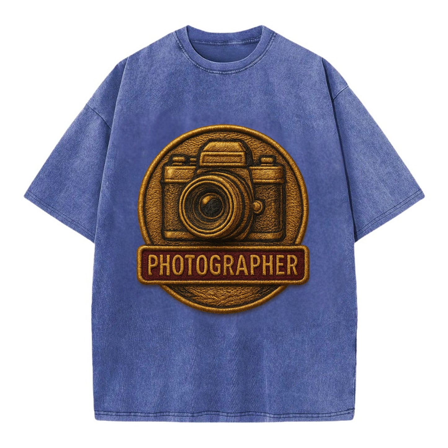Camera with vintage lens - photographer badge - Vintage T-shirt - Blue