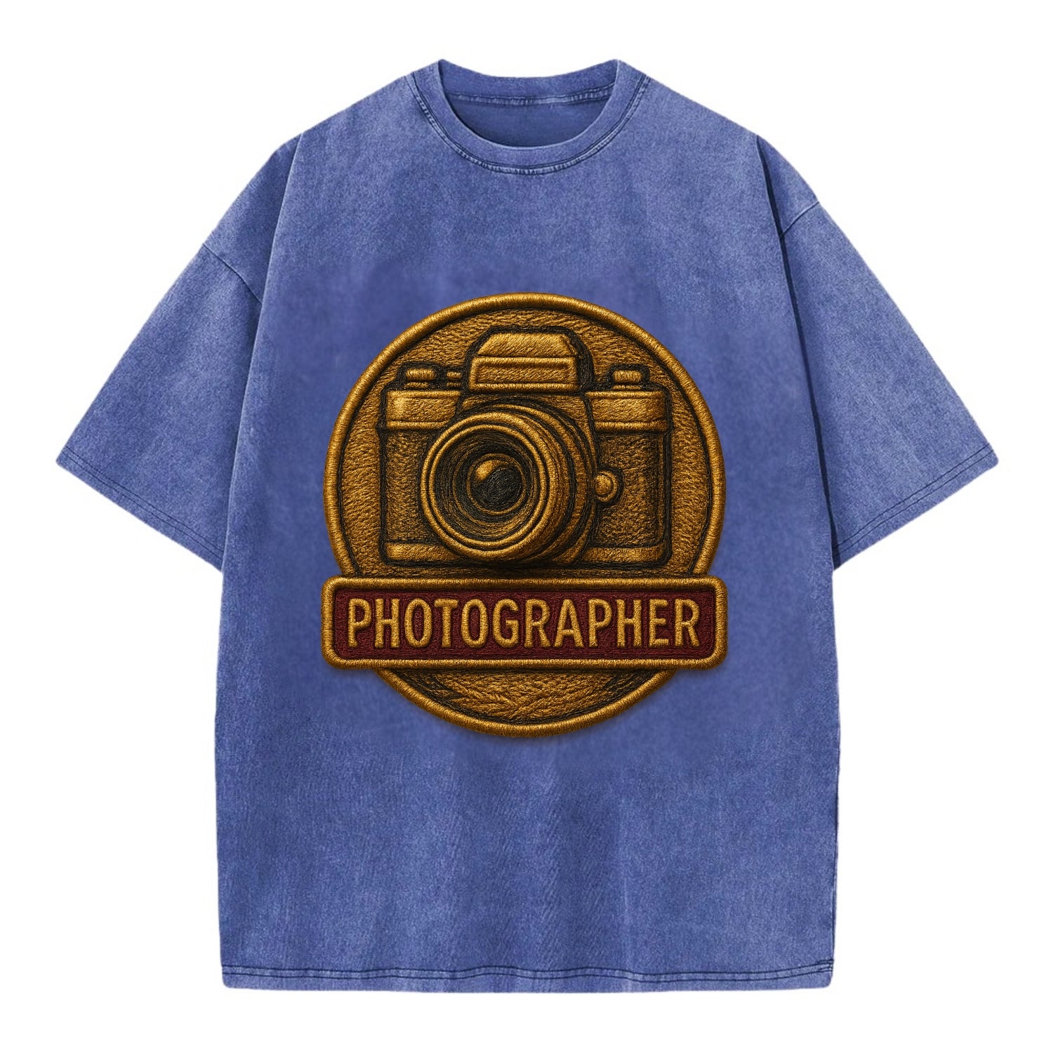 Camera with vintage lens - photographer badge - Vintage T-shirt - Blue