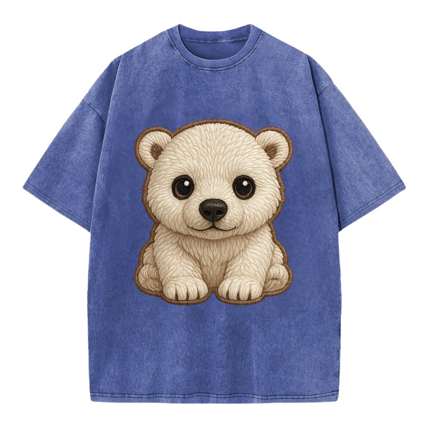 Baby Polar Bear Cub - white fluffy, black nose, dark curious eyes, front-facing, - Vintage T-shirt - Blue