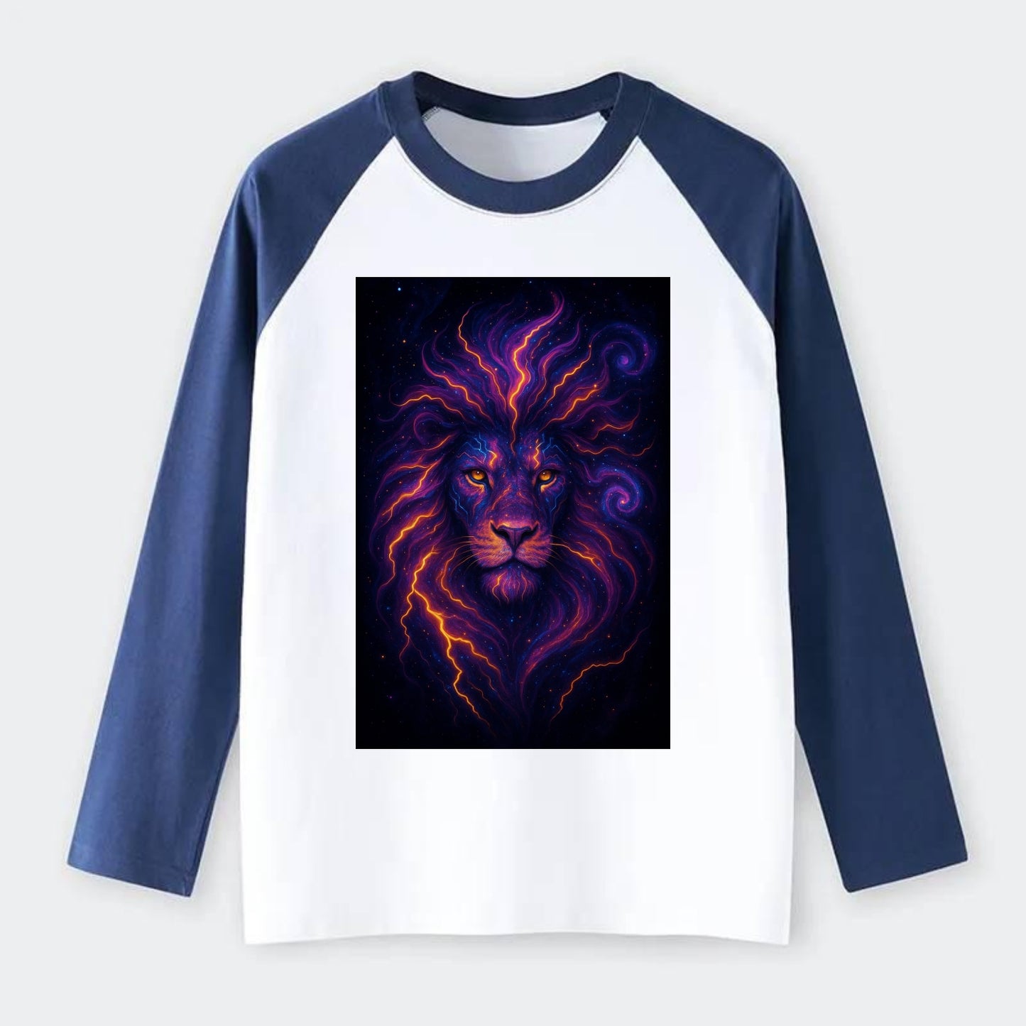 Regal lion with mane made of electric currents, neon yellow and hot - Raglan Long Sleeve T-Shirt - Blue
