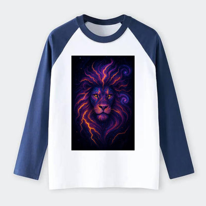 Regal lion with mane made of electric currents, neon yellow and hot - Raglan Long Sleeve T-Shirt - Blue
