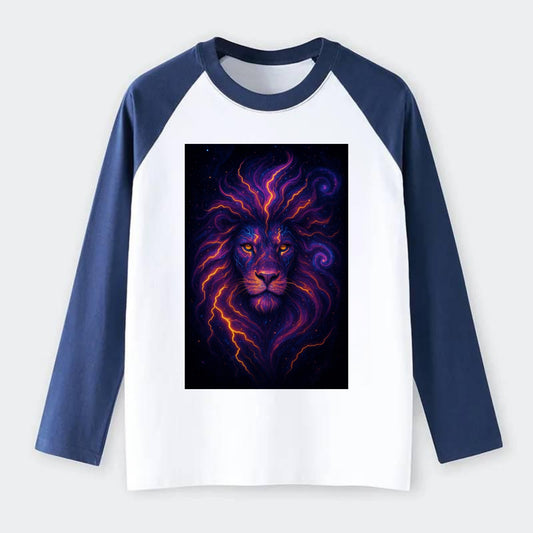 Regal lion with mane made of electric currents, neon yellow and hot - Raglan Long Sleeve T-Shirt - Blue