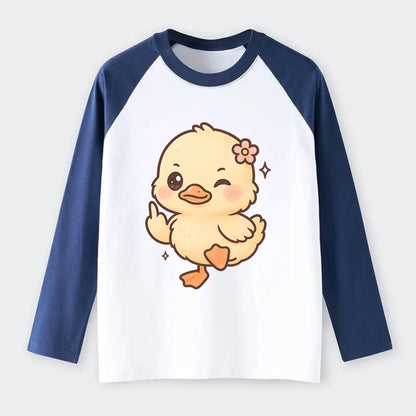 fluffy baby duck with small flower, one webbed foot raised sassily - Raglan Long Sleeve T-Shirt - Blue