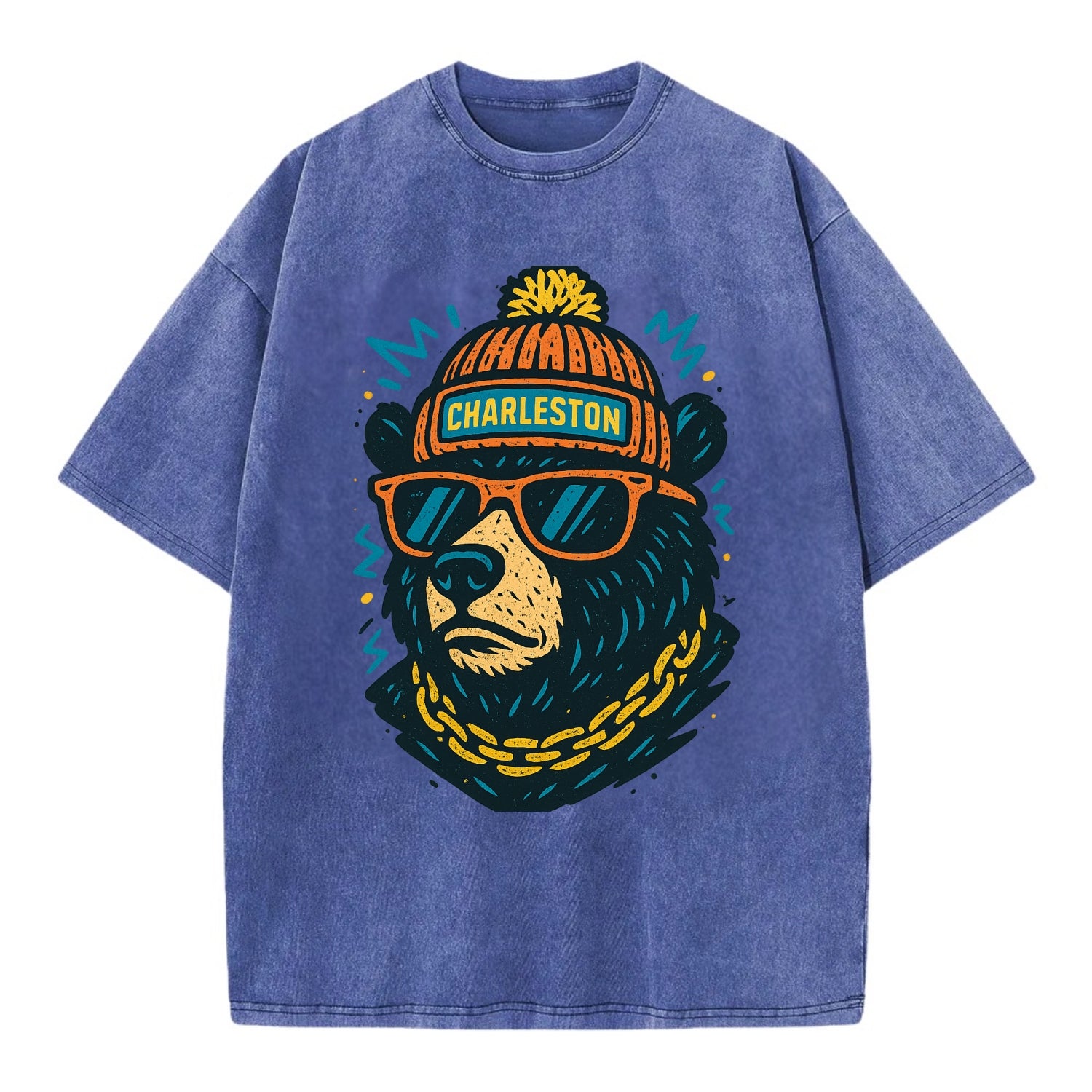 West Virginia Black Bear wearing Charleston beanie with pom pom and wayfarer - Vintage T-shirt - Blue