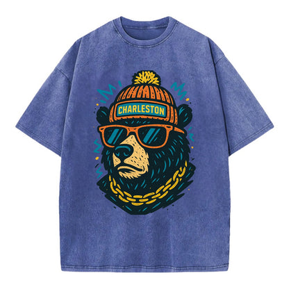 West Virginia Black Bear wearing Charleston beanie with pom pom and wayfarer - Vintage T-shirt - Blue