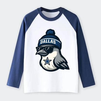 Dallas Mockingbird wearing Cowboys beanie with sheriff star and - Raglan Long Sleeve T-Shirt - Blue