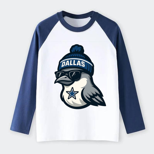 Dallas Mockingbird wearing Cowboys beanie with sheriff star and - Raglan Long Sleeve T-Shirt - Blue